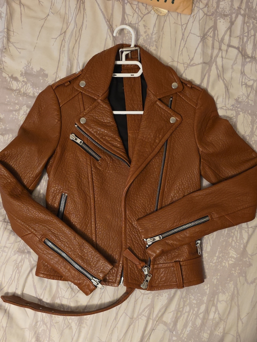Mackage Cognac Brown Leather Moto Jacket with Silver Hardware